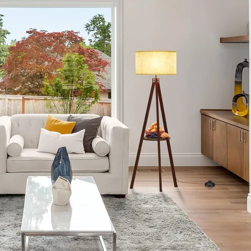 Vista 7 de LEPOWER Lámpara de pie con trípode, lámpara de pie de madera de mediados de siglo, lámpara de pie con diseño moderno y estante para sala de estar
