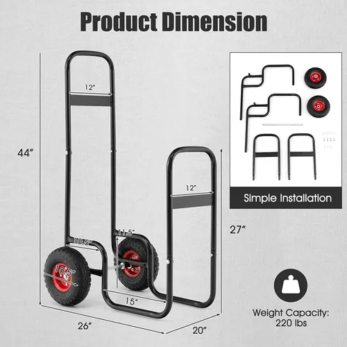 Vista 6 de Giantex Carrito de leña para leña, estante de madera para almacenamiento, carrito de almacenamiento de fuego rodante, carrito de almacenamiento