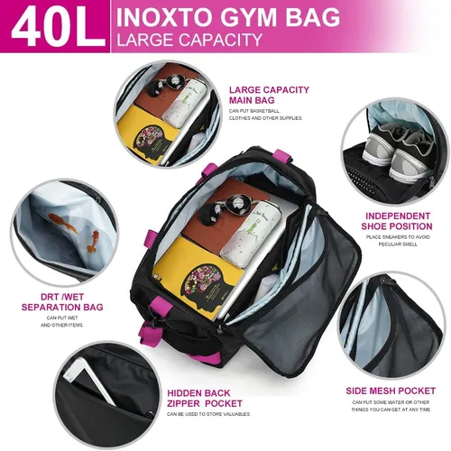 Vista 2 de Sports Gym BagINOXTO Travel Duffel Bag with Dry Wet Pocket And Shoe CompartmentFor Women and Men40L Fitness Waterproof Weekender Bag For Swim Sports