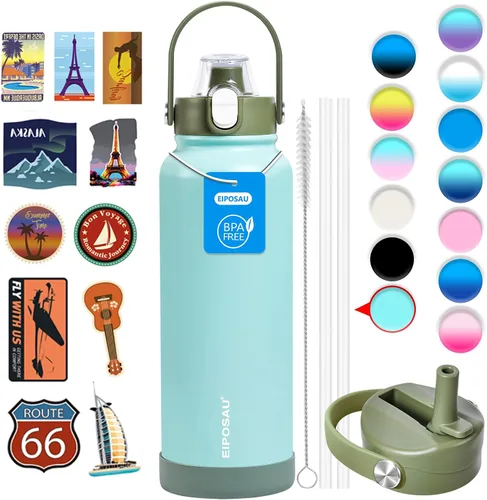 Vista 23 de Botella de agua aislada con tapa, bota y calcomanías, botella de acero inoxidable de 24 onzas, sin sudor, mantiene el frío las 24 horas, botella