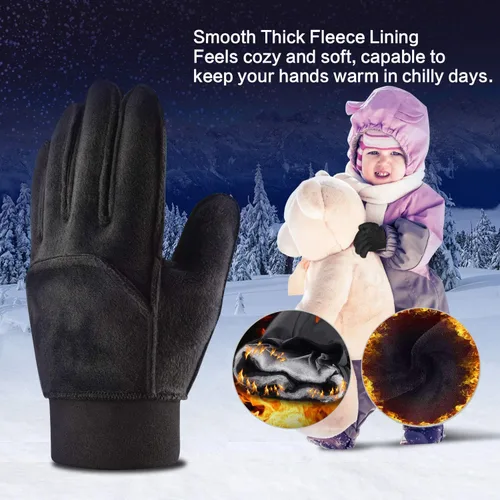 Vista 2 de Guantes de invierno para niños, resistentes al agua, con forro suave, para pantalla táctil, para niños y niñas, de 3 a 15 años, color negro