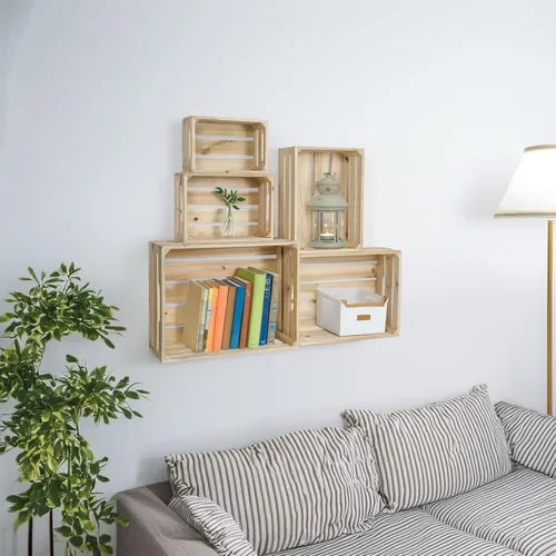 Vista 5 de Juego de 5 cajas de madera rústica sin terminar, cajas de almacenamiento de listones para montaje en pared con asas, cajas de madera de granja