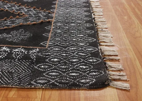 Vista 7 de Collection - Alfombra rectangular de algodón negro Dhurrie de 2 x 3 pies, alfombra geométrica Kilim para interiores y exteriores, alfombra de tejido