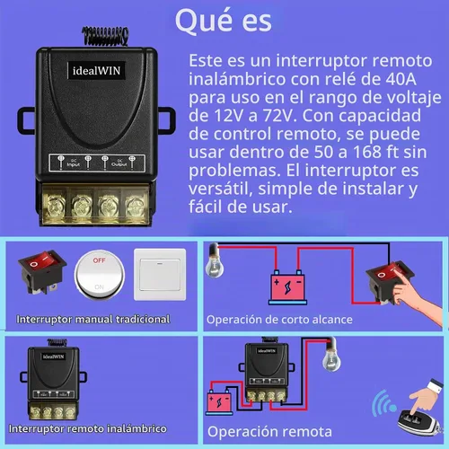 Vista 2 de Interruptor remoto inalámbrico, CC 12-72V 30A, rango de 328 pies