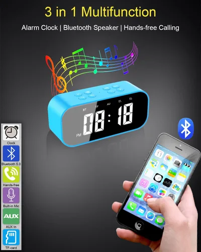 Vista 2 de AFK Reloj despertador digital con altavoz Bluetooth, reloj de escritorio para dormitorios, reloj de mesa pequeño con alarma dual, repetición, Azul