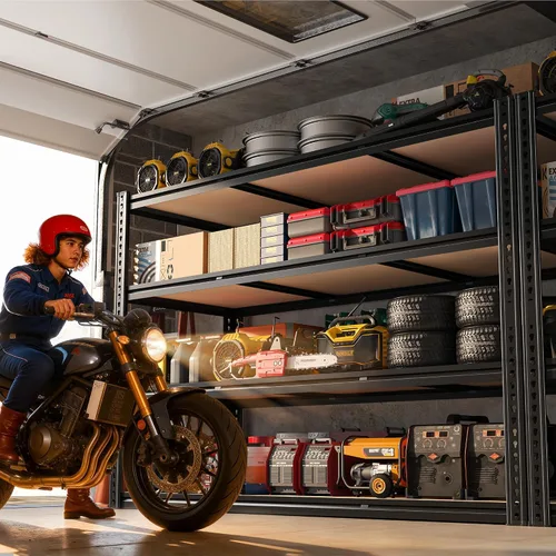Vista 2 de ROOMFAVE Estantería de metal para garaje de 60 pulgadas de ancho, estantes de almacenamiento de 2800 libras, estantería ajustable de 4 niveles