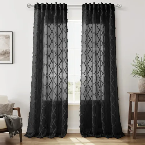 Vista 18 de Cortinas transparentes negras Hokibero de 96 pulgadas de largo, juego de 2 paneles con pestaña trasera, filtro de luz, cortinas