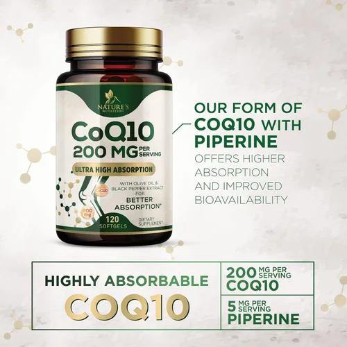 Vista 7 de Cápsulas blandas CoQ10 - Coenzima Q10 200 mg por porción - Suplemento de coenzima Q10 extra fuerte - Piperina para una absorción mejorada