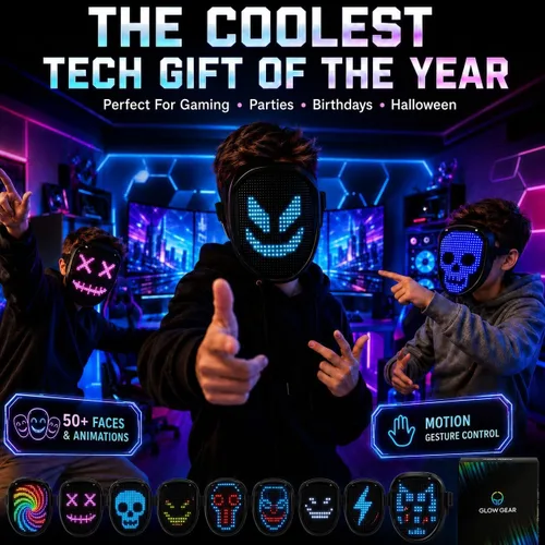 Vista 8 de LED Face Mask for Kids & Adults Gesture Sensing Light Up Mask Digital Halloween Costume Cosplay Mask