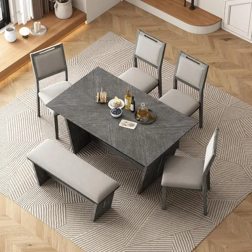 Vista 2 de Merax Juego de comedor retro de 6 piezas, 1 mesa rectangular con base de mesa trapezoidal estable y 4 sillas tapizadas y 1 banco para comedor