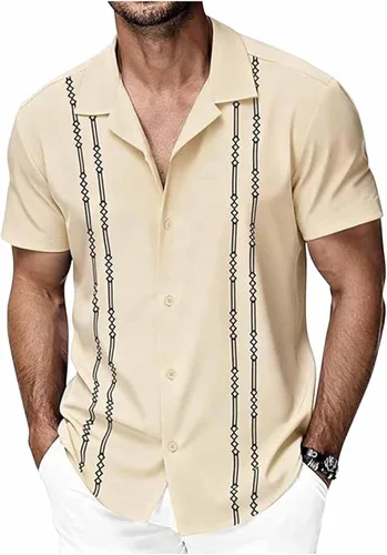 Vista 10 de Camisa de guayabera cubana para hombre, camisa de manga corta con botones, camisas hawaianas casuales de verano, camisas de playa para vacaciones