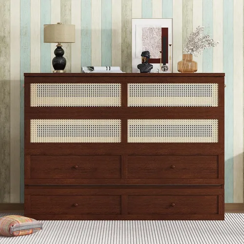 Vista 10 de Cama Murphy de tamaño queen, cama de madera de pino con decoración y cajón de ratán, color espresso