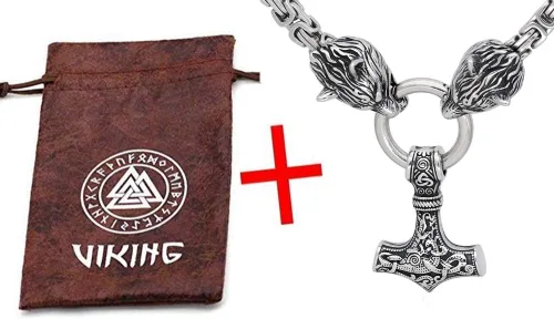 Vista 5 de GuoShuang Collar con colgante de cabeza de lobo con Thor Mjolnir Acero Inoxidable - Cadena King