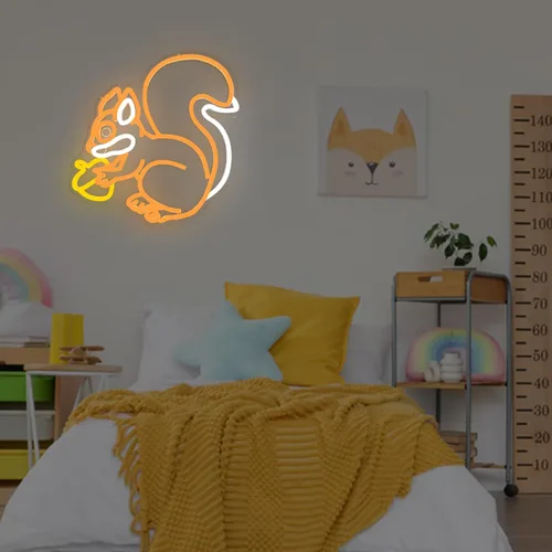 Vista 2 de Letrero de neón de ardilla para decoración de pared, ardilla sosteniendo un cono de pino, luz de neón regulable, lámpara LED naranja