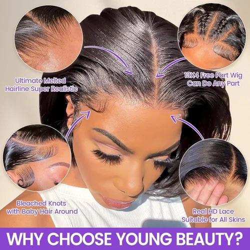 Vista 3 de Peluca de cabello humano Bob de 13 x 4 con encaje frontal para mujeres negras, pelucas de cabello humano corto sin pegamento, prearrancadas