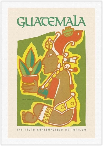 Vista 9 de Guatemala - Yum Kax Dios Del Maiz (señor del bosque) - Dios maya de las plantas y animales silvestres - Póster de viaje vintage c.1980s - Lienzo