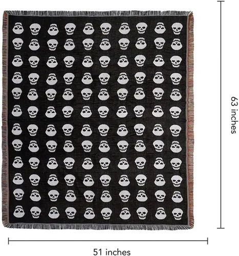 Vista 2 de Manta tejida de calaveras de Halloween estilo terror con borla para decoración del hogar, silla, sofá, cama, playa, viajes, picnic, mantón, algodón