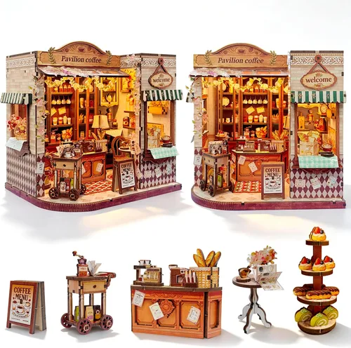 Vista 8 de Book Nook - Kit de casa en miniatura, rompecabezas de madera 3D, casa de muñecas con luz y herramientas, inserto creativo para estantería, regalos