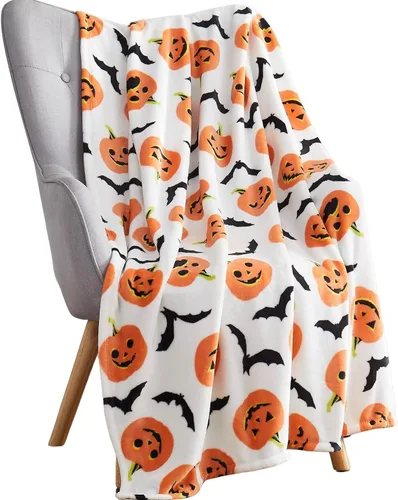 Vista 25 de Manta de forro polar de Halloween, murciélagos negros sobre fondo naranja, 50 x 70 pulgadas Ultra-soft cozy flannel fleece, for sofa couch bed