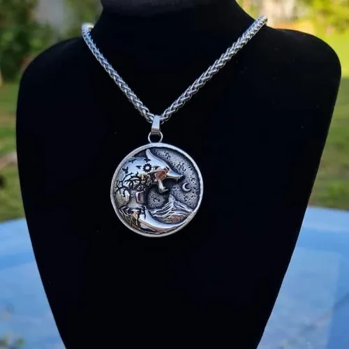 Vista 3 de Fenrir - Collar vikingo, de acero inoxidable, nórdico, asatru, celtas, colgante de metal vikingo, collar Fenrir, collar vikingo para hombre, Acero