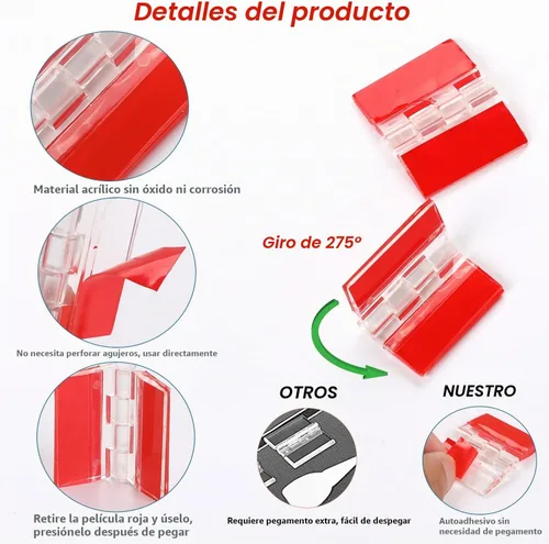 Vista 3 de 12 piezas de bisagras acrílicas pequeñas - Bisagras transparentes autoadhesivas de plástico continuo para herramientas de cajones de gabinetes