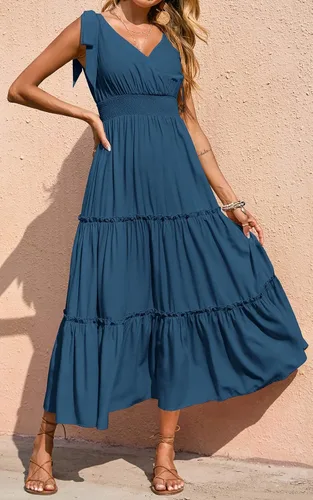 Vista 3 de Prettygarden Vestido largo de verano, con cuello cruzado, para mujer, sin mangas, escalonado, con tirantes fruncidos, para la playa, vestido largo