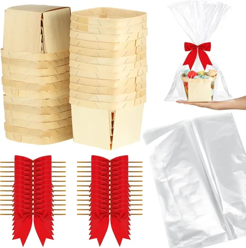 Vista 8 de Kigley Juego de 24 mini cestas de regalo de madera con bolsas de celofán y lazos, kit de cestas pequeñas de bayas vacías de 4 pulgadas