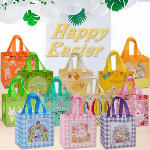 Vista 3 de 12 bolsas de regalo de Pascua, bolsas grandes reutilizables para cesta de Pascua, bolsas de regalo de Pascua no tejidas para envolver regalos, juego