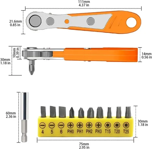 Vista 2 de Juego de 12 mini llaves de trinquete de 1/4 de pulgada de ángulo recto de acero de 36 dientes, mango reversible de 90 grados con juego de puntas