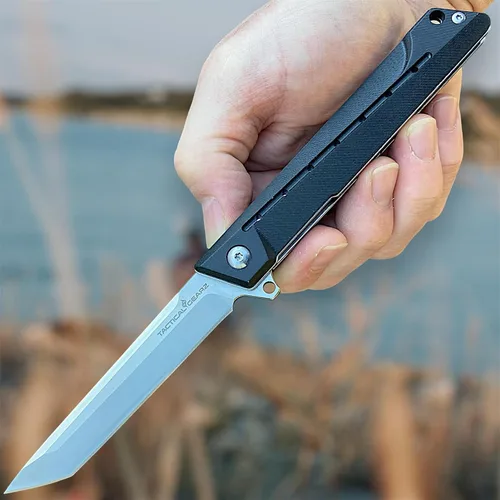 Vista 6 de TACTICAL GEARZ Cuchillo plegable de bolsillo para EDC, mango G10, hoja tanto de acero D2, incluye funda (Nyx)