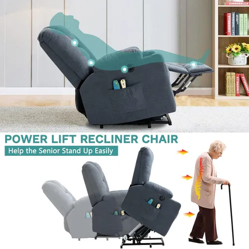 Vista 3 de MEETWARM Silla reclinable eléctrica para personas mayores con calefacción por vibración, masaje de tela suave, con 2 controles remotos, puertos USB