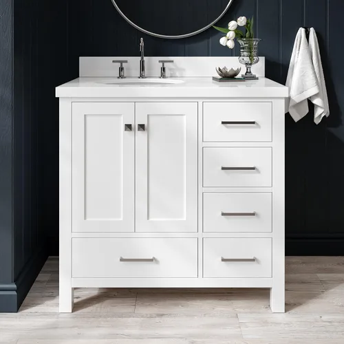 Vista 34 de ARIEL Cambridge tocador de baño con fregadero, madera maciza, encimera y protector contra salpicaduras de cuarzo blanco puro de 1.5 pulgadas