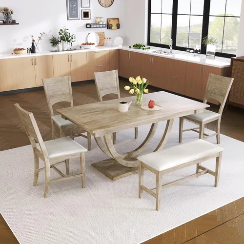 Vista 11 de Harper & Bright Designs Juego de 6 sillas de mesa de comedor de cocina, mesa rectangular de 60 pulgadas y 4 sillas copetudas de respaldo alto y 1