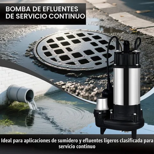 Vista 3 de Bomba de efluente sumergible resistente, carcasa de acero inoxidable, cable de alimentación de 10 pies, impulsor centrífugo que no se obstruye
