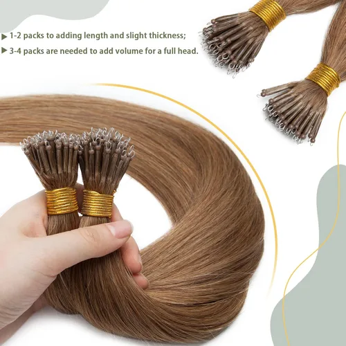 Vista 224 de SEGO Extensiones de cabello humano con micro cuentas, extensiones de cabello humano con micro bucle, lacio, natural, fusión fría, 1.76 oz/paquete