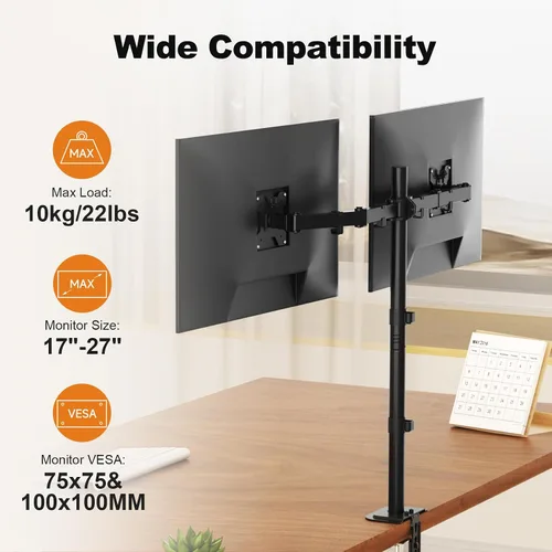 Vista 3 de Suptek Soporte de escritorio para monitor doble, brazo de monitor doble ajustable para 2 pantallas de computadora de hasta 27 pulgadas, poste extra