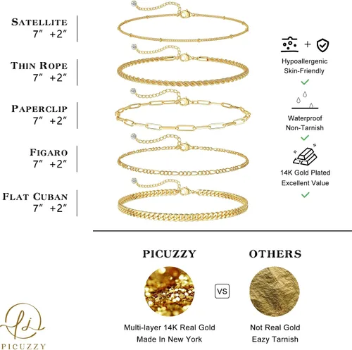 Vista 3 de Picuzzy Pulseras de oro para mujer, de oro real de 14 quilates, apilables, impermeables, juego de joyas para mujer, a la moda, delicadas, bonitas