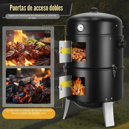 Vista 4 de Ahumador de carbón para carne: Parrillas de carbón para barbacoa 4 en 1 resistentes de 16 pulgadas Combo de parrilla vertical para ahumadores