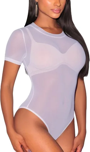 Vista 20 de Lrady Women's Short Sleeve Bodysuit Mesh Sheer Going Out Tops K#1 Negro