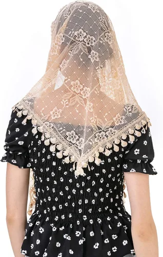 Vista 5 de Triángulo Flor Capilla Velos Católico Latino Masa Cabeza Cubierto de Encaje Bufanda Mantilla Velos para Iglesia