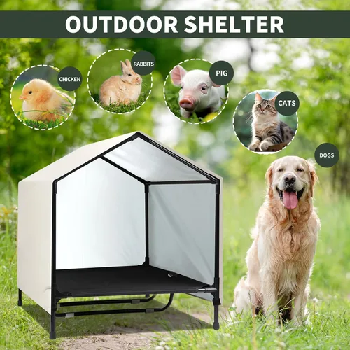 Vista 5 de Casa para perros para interiores y exteriores, para perros grandes, XL, XXL, jumbo, cama elevada para perros con toldo, impermeable y resistente al
