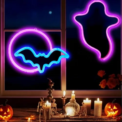 Vista 18 de Letreros de neón de murciélago para dormitorio, mesita de noche, decoración de pared, decoración de Halloween, luces LED de noche, adornos de mesa
