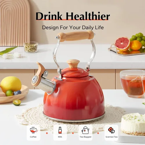 Vista 22 de ROCKURWOK - Tetera de estufa, tetera con mango ergonómico de tacto frío, tetera de acero inoxidable de grado alimenticio, tetera de estufa, tetera