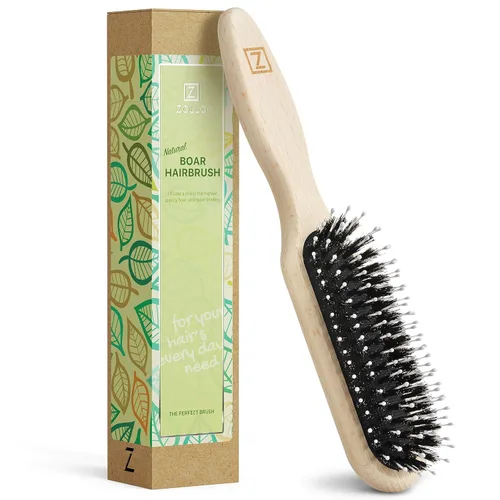 Vista 8 de Cepillo de cerdas de jabalí natural para mujeres, hombres y niños; cepillo desenredante seco y húmedo mejora suavemente el brillo, suaviza