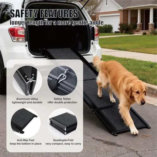 Vista 6 de Rampa para perros para automóvil, escalera plegable portátil para mascotas con superficie antideslizante de hasta 250 libras, capacidad de carga al