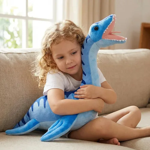Vista 8 de Juguete de peluche realista de Plesiosaurus, dinosaurio azul realista de 16 pulgadas, animal de peluche Utahraptor Tyrannosaurus, suave, regalos
