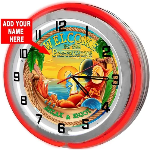Vista 7 de Reloj de garaje personalizado Tiki Parrot Beach Bar de 18 pulgadas, color azul, doble neón, de Redeye Laserworks