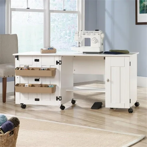 Vista 10 de BOWERY HILL Mesa de madera de ingeniería para coser o manualidades con superficie superior de melamina, almacenamiento detrás de la puerta