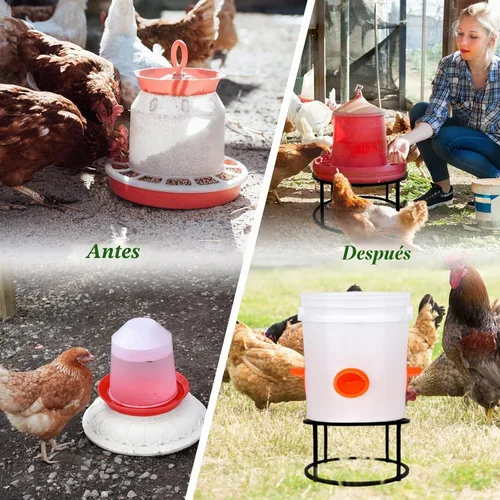 Vista 4 de 4 piezas de soporte para comedero y regadera de pollo, soporte de metal con 4 patas y base redonda, soporte resistente para cubos y barriles