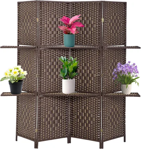 Vista 10 de FDW Divisor de habitación de 4 paneles, pantalla de madera plegable, portátil, con estantes de almacenamiento extraíbles, color marrón